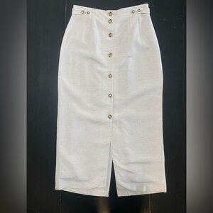 Vintage | Linen & Viscose Cream Button-Down Skirt Tortoise Shell Buttons, Lined